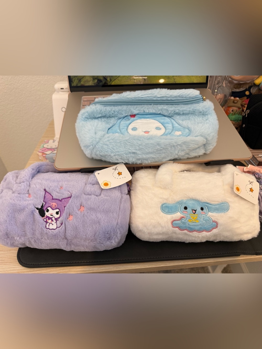 Plush Blue, Lavender & White Character Pouches - Cute Fuzzy Makeup Bags